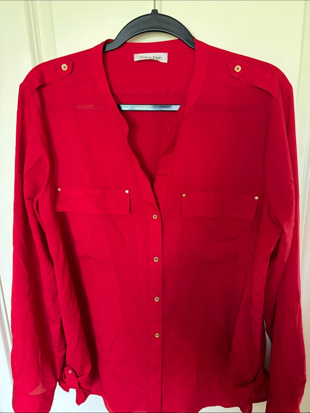 Calvin Klein Bold Red V-Neck Button Blouse with Gold Accents